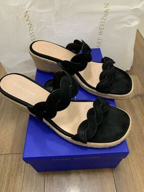 Stuart Weitzman Black Twist Suede Espadrille Wedge Slide Sandal size 9.5